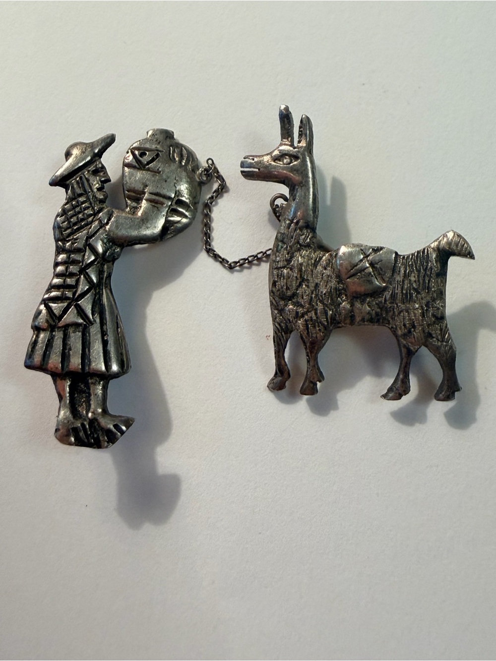Vintage Marked 925 Sterling Silver Llama and Handler Brooch Set